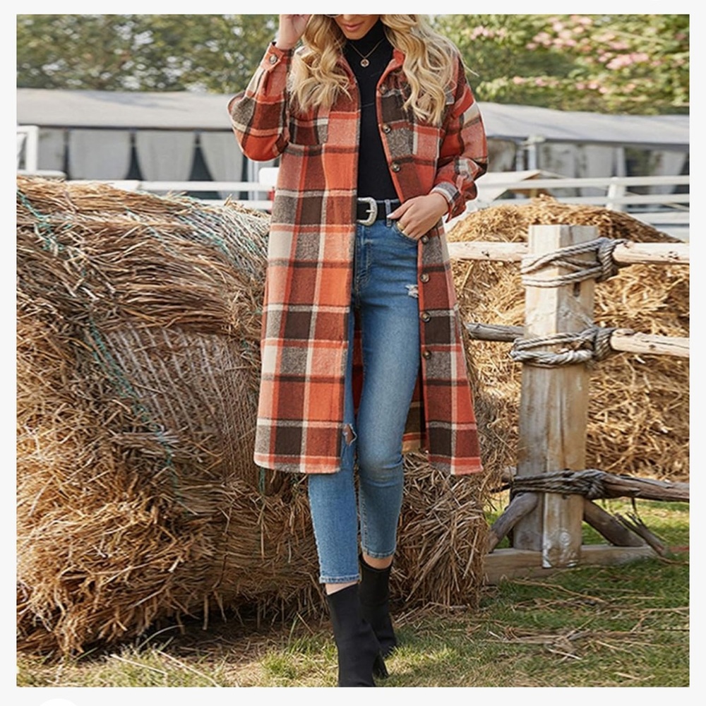 Ainangua Women's Casual Wool Blend Long Plaid Shirt Jacket Button Down size XL